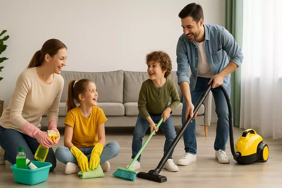 “Familj som städar tillsammans i vardagsrum – symboliserar städning med barn där gemenskap, lekfullhet och ansvar i hemmet står i fokus”